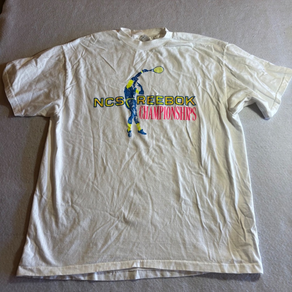 Mens Vintage NCS Reebok Championships Tennis T Shirt White Hanes Beefy‎ Y2K L